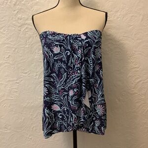 Elegant Floral Strapless Swim One Piece - Navy and Pink